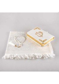 Resim Seccade + Tesbih + Kuran Hediye Seti (Hafız Boy, Kadife, Beyaz) 