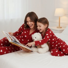 Resim Free Beka Kırmızı Kalp Desenli Uzun Kollu Önden Düğmeli Gömlek Yaka Anne Kız Pijama Takımı Kombini 