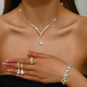 Resim Şık Gelinlik Takı Seti, 5 Renk Seçeneği ile Lüks Kolye + Küpe Çifti + Bilezik + Yüzük Seti Dans Partileri İçin Uygun 