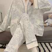 Resim Kadınlar için Rahat Uzun Kollu ve Pantolonlu Pijama Takımı, İlkbahar/Sonbahar için Çiçek Desenli V-Yaka Açık Göğüs Hırka 