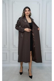 Resim Eccim Fashion Deri Detaylı Broşlu Sade Uzun Kadın Ceket Trençkot 