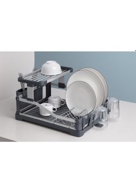 Resim Elips Alüminyum Bulaşıklık Paslanmaz 2 Katlı Bardak Tabak Kurutma Sepeti Siyah 