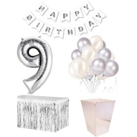 Resim 9 Yaş Beyaz Gümüş Balon Rakam Folyo Banner Mısır Kutusu Masa Et 