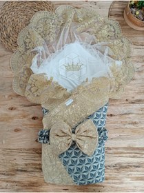 Resim Tomuycuk Dantelli Lüks Bebek Kundağı Unisex Bebek Dış Kundak Battaniyesi Hastane Çıkışı Mevlütlük Hediyelik 