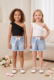 Resim HEREN Kız Çocuk 2'li Fırfırlı Tek Omuz Crop Set- Kız Çocuk Tek Omuz Fırfırlı Ribanalı Crop Top Badi Bluz 