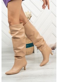 Resim Sr-2001 Nut Körüklü İnce Topuklu Günlük Bayan Çizme Vizon 