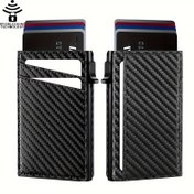 Resim Yeni'nin Yan İtmeli Açılır Kartlık Kartları İnce Deri Cüzdan RFID Koruması 9 Karta Kadar Kart Kılıfı 