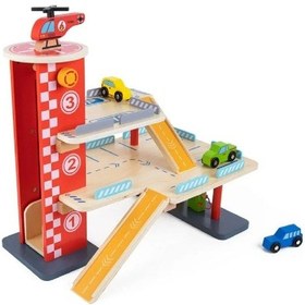 Resim Ahşap Otopark Arabalar Asansörlü Helikopterli Garaj Oyun Seti 