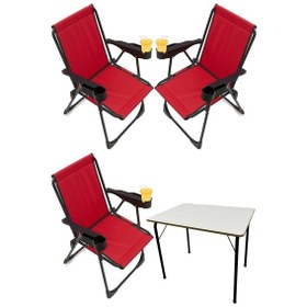 Resim Silva 3 Adet Kamp Sandalyesi Bardaklıklı Lüks Kırmızı + MDF Masa Kırmızı 
