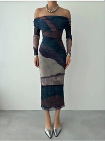 Resim Defymoda Sevilla Madonna Yaka Tül Elbise Haki 