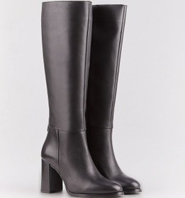 Resim Kadın Hakiki Deri Siyah Fermuarlı Topuklu Çizme Siyah 