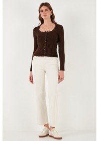 Resim Lela Premium Slim Fit Dantel Detaylı Yaka Örme Bayan Hırka 680Hi00061 Kahve 