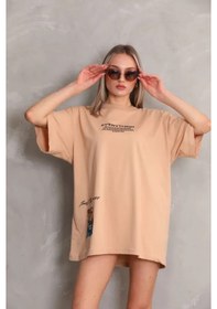 Resim Ahes Shopping Unisex Bisiklet Yaka Baskılı Oversize T-shirt - Bej Bej 