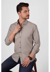 Resim Açık Kahve Yaka Düğmeli Premium Şamre Slimfit Erkek Gömlek Açık Kahverengi 