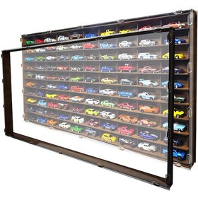 Resim Şeffaf Kapaklı Ceviz 100 Araçlık Yatay Hobi Araba Rafı Ceviz 