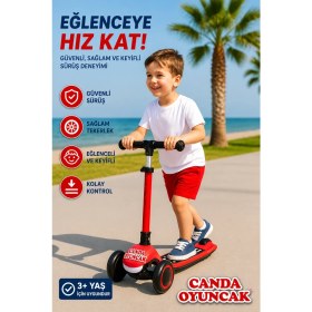 Resim Canda Oyuncak 3 Tekerlekli Işıklı Ayarlanabilir Direksiyonlu Çocuk Scooter - Kırmızı 3+ Yaş , 50 kg Kapasiteli 