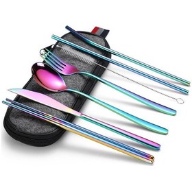 Resim Valkyrie 8 Parça Çantalı Yolculuk Çatal Bıçak Kaşık Pipet Chopstick Seti Kamp Okul Ofis Tatil Paslanmaz Çelik Renkli Çok Renkli 