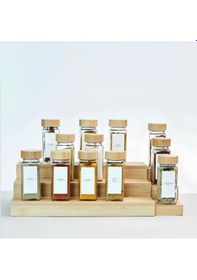 Resim 12'li Baharat Kavanozu Bambu Kapaklı Kavanoz Baharatlık Etiklet Açık Bej 