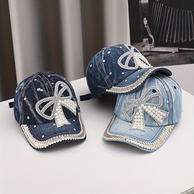 Resim Kadınlar İçin Taşlı Fiyonklu Denim Beyzbol Şapkası - Ayarlanabilir Güneş Şapkası, Açık Hava Modası için Mavi & Beyaz İki Tonlu Tasarım, Geniş Kenarlı Casual Şık Şapka, Kovboy Şapkası, Dayanıklı 