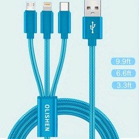 Resim 3'ü 1 Arada Hızlı Şarj Kablosu | 3.3ft/6.6ft/9.9ft, Dayanıklı Naylon Örgülü, iPhone, Samsung, Xiaomi, Oppo, Vivo, Redmi, OnePlus ve Daha Fazlası ile Uyumlu, iPhone14/13/12/11/SE/X/8/7/6 için 