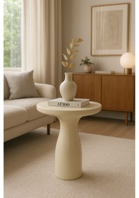 Resim Tekli Doğal Ahşap Mantar Sehpa Krem Renk Masif Yan Sehpa Beyaz 