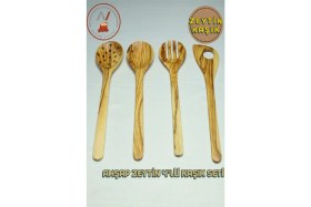Resim El Yapımı Ahşap Mutfak Seti 4 Parça, Zeytin Ağacı, 30 Cm, Tahta Kaşık, Çatal, Spatula, Kevgir 