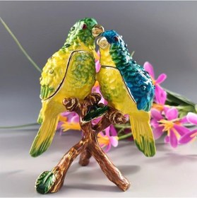 Resim Willowhaven Yeşil Emaye Çift Kuş Mücevher Kutusu Yüzük Saklama Kutusu Ev Dekorasyonu Hediye 