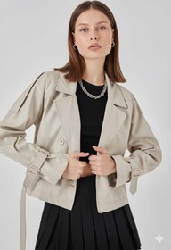 Resim Paldeo Kadın Bej Kruvaze Yaka Kuşaklı Astarlı Kısa Trençkot PLD25W-3199 