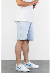 Resim HLT Jeans Erkek Mavi Kar Yıkamalı Baggy Fit Rahat Kesim %100 Pamuk Denim Loose Jeans Kot Şort Arthur-Mavikar 001 