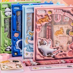 Resim [Okul Gereksinimleri Geri Dönüşü]1 Set/6 Adet Karikatür Hayvan Kırtasiye - Sevimli Kalem Kutusu, Silgi ve Motivasyonel Tasarımlarla Stickerlar, Sınıf/Ev Çalışması İçin Okul Malzemeleri 