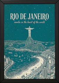 Resim Rio de Janeiro Line Art Print - Teal Christ the Redeemer Copacabana Wall Art - Wooden Frame - Natural / 24 x 36" (60x90 cm) 