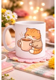 Resim Sevimli Kedi Tasarımlı Porselen Kupa Model 188 Kahve İçen Tatlı Kedi Figürlü Kahve Kupası Kedi Severlere Hediye Kupa Bardak Beyaz 