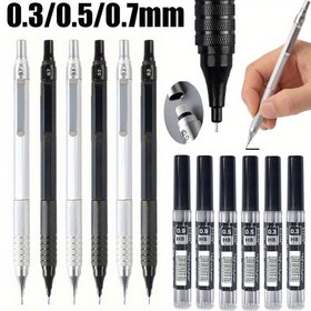 Resim 6 Adet / Set 0.3 0.5 0.7Mm Gümüş Siyah Yaratıcı Düşük Ağırlık Merkezi Metal Kalem Sanat Çizim Ofis Kırtasiye (1 Kalem + 5 Kurşun Kutusu) 