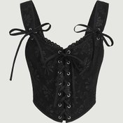 Resim Kadınlar için Şık Dantel Süslemeli Bağcıklı Ön Cami Üst - Kolsuz, Esnek Polyester ve Elastan Karışımı, Makinede Yıkanabilir, Çiçek Desenli Siyah, Yaz için Mükemmel 