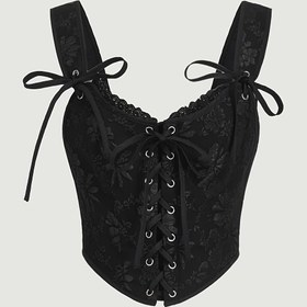 Resim Kadınlar için Şık Dantel Süslemeli Bağcıklı Ön Cami Üst - Kolsuz, Esnek Polyester ve Elastan Karışımı, Makinede Yıkanabilir, Çiçek Desenli Siyah, Yaz için Mükemmel 