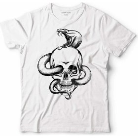 Resim Kendim Seçtim Snake And Skull Kuru Kafa Kobra Yılan Skeleton Çocuk Tişört Beyaz 