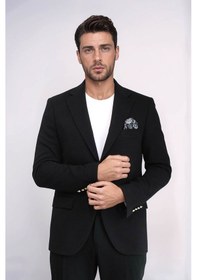 Resim Siyah Kendinden Desenli Örme Altın Renk Metal Düğmeli Slim Fit Erkek Blazer Ceket - Wessi Black 