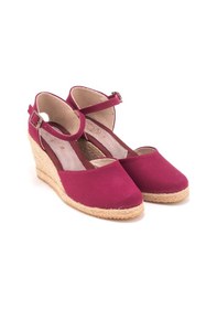 Resim Star Tombis Gerçek Elişi Bilekten Bantlı Topuğu Açık Keten Espadril Dolgu Topuk Handmade Bordo 