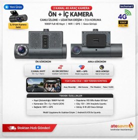 Resim Techsmart 2 Kanal 4g Araç Kamera Ön + İç 1080p Full Hd Wifi Gps Gece Görüşlü Canlı İzleme 