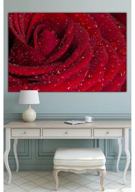 Resim Kırmızı Gül Su Damlacığı Çiçek Dekoratif Kanvas Tablo 70 x 50b 