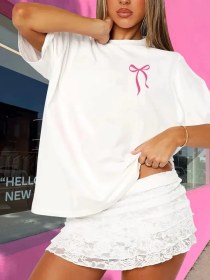 Resim Buğrahayalin Fiyonk Baskılı Oversize Bisiklet Yaka T-shirt - Beyaz 