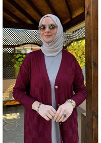 Resim Rabia Şamlı Dama Desenli Triko Hırka Bordo Çok Renkli 