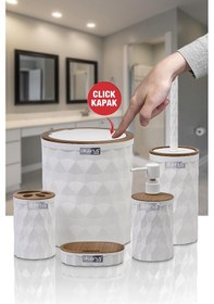 Resim Okyanus Home Diamond Beyaz Ahşap Click Kapak 5'li Banyo Seti Beyaz 