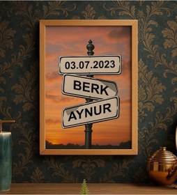 Resim Bk Gift Kişiye Özel Aşkın Yol Tabelası Tasarımlı Ahşap Çerçeveli Tablo-1 40x25cm, Arkadaşa Hediye, Sevgiliye Hediye, Eşe Hediye Kobitmeyencom34134 Bk 
