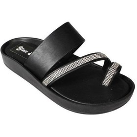 Resim Yazkış Kadın Siyah Cilt Parmak Arası Taşlı Geçkili Terlik Siyah 