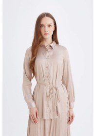 Resim DeFacto Relax Fit Gömlek Yaka Basic Düz Saten Beli Bağcıklı Uzun Kollu Gömlek Tunik D7202AX24WNBG705 Bej 