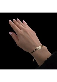 Resim Archin Ebru İsmine Özel 14 Ayar Altın Plakalı Kelebek Figürlü Siyah Taş Desenli Hediye Bileklik-343isim Altın 