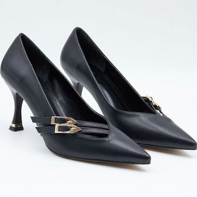 Resim Kadın Abiye Stiletto Mat Siyah Altın Tokalı 7cm Topuklu Tam Kalıp Siyah-cilt Siyah 
