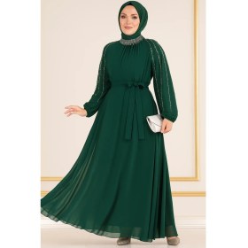 Resim MayaBella Kolları Işlemeli Tesettür Abiye Zümrüt 