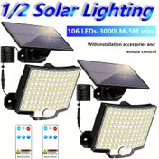 Resim 1 adet Güneş Enerjili 106 LED Dış Mekan Hareket Sensörlü Işık, 135° Geniş Açılı Şafakdan Şafak Vaktine Kadar Aydınlatma, Bahçe ve Garaj İçin Uygun - Hava Koşullarına Dayanıklı, Uzaktan Kumanda, Cilalı Metal Kaplama, Siyah, Duvara Monte Lamba | Güneş Panel Işığı 